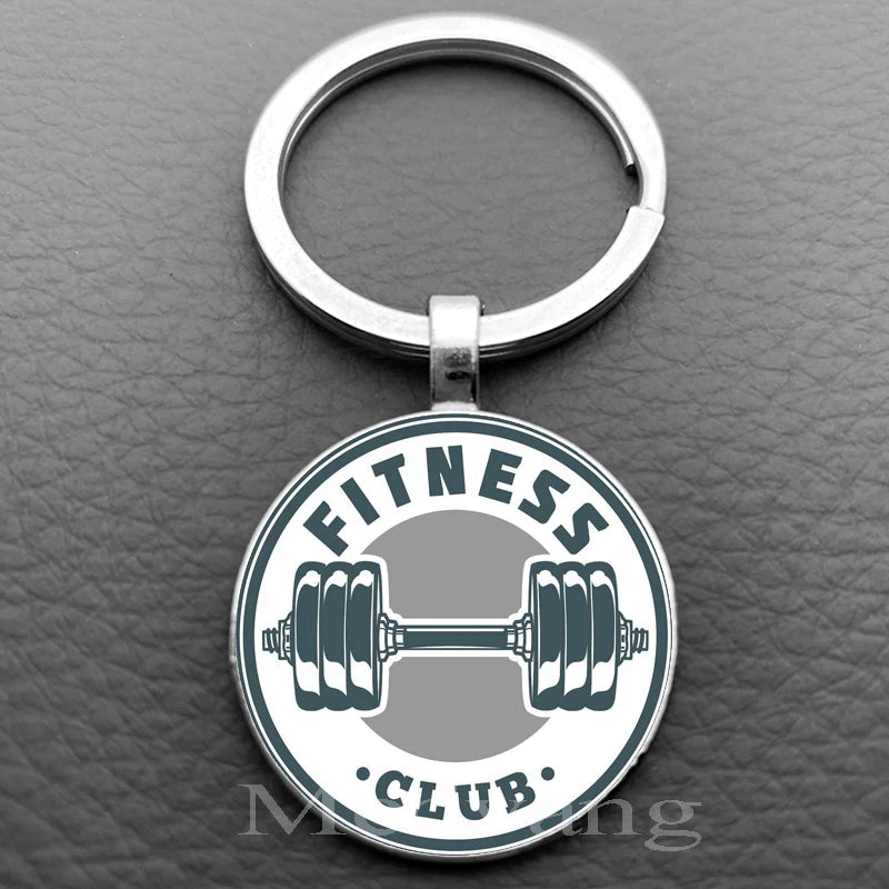 Weightlifting Fitness Pattern Keychain Loves Fitness Men and Women Exclusive Glass Round Keychain Gift for Fitness Club - Sun Studio