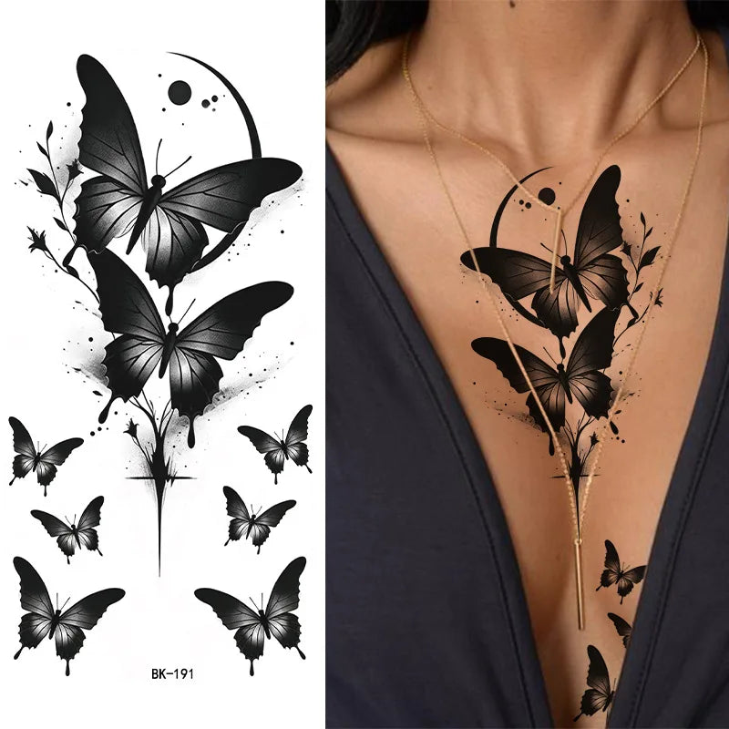 Schwarz Weiß Temporäre Transfer Tattoos Florale Schmetterlinge Schriftzüge Linienkunst Wasserfeste Körperaufkleber für Musikfestival Party
