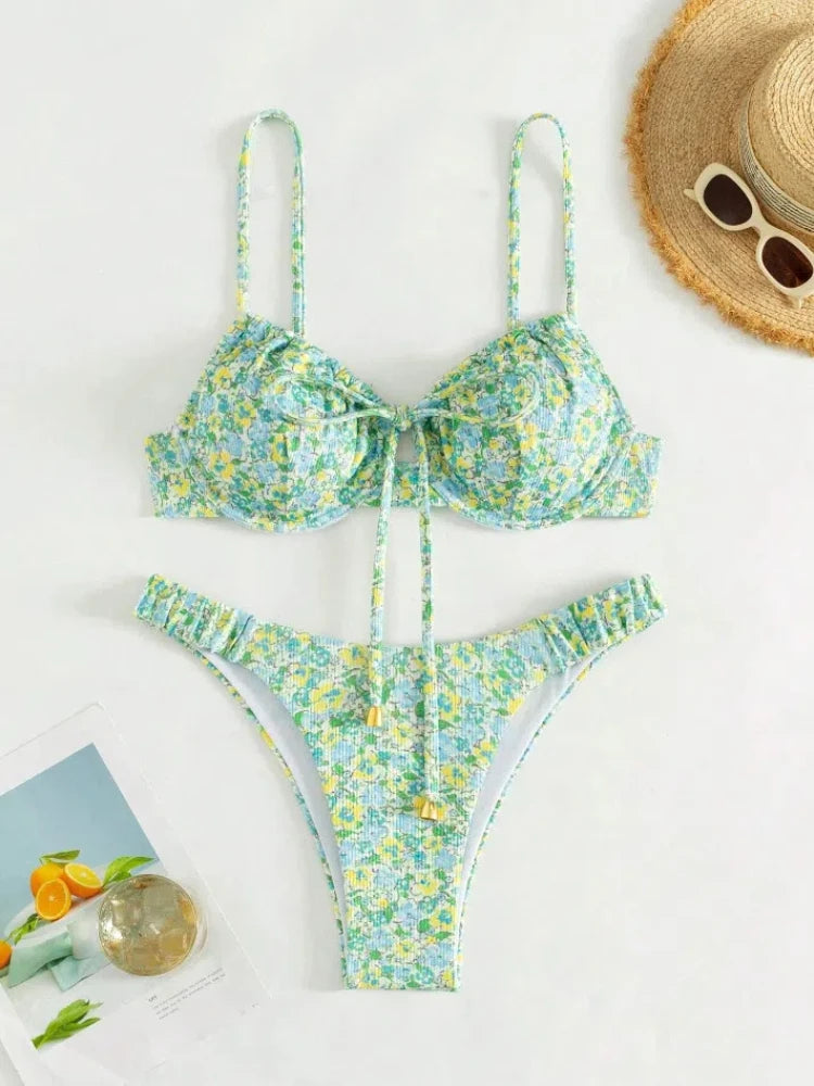 New Sexy Floral Print Push Up Bikini 2024 Women Swimwear Female Swimsuit Two Pieces Thong Bikini Set Bather Bathing Suit Beach - Sun Studio