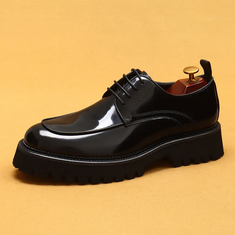 designer men's leather shoes with thick soles round toe glossy leather business dress shoes Waxed cowhide lace up British shoes - Sun Studio