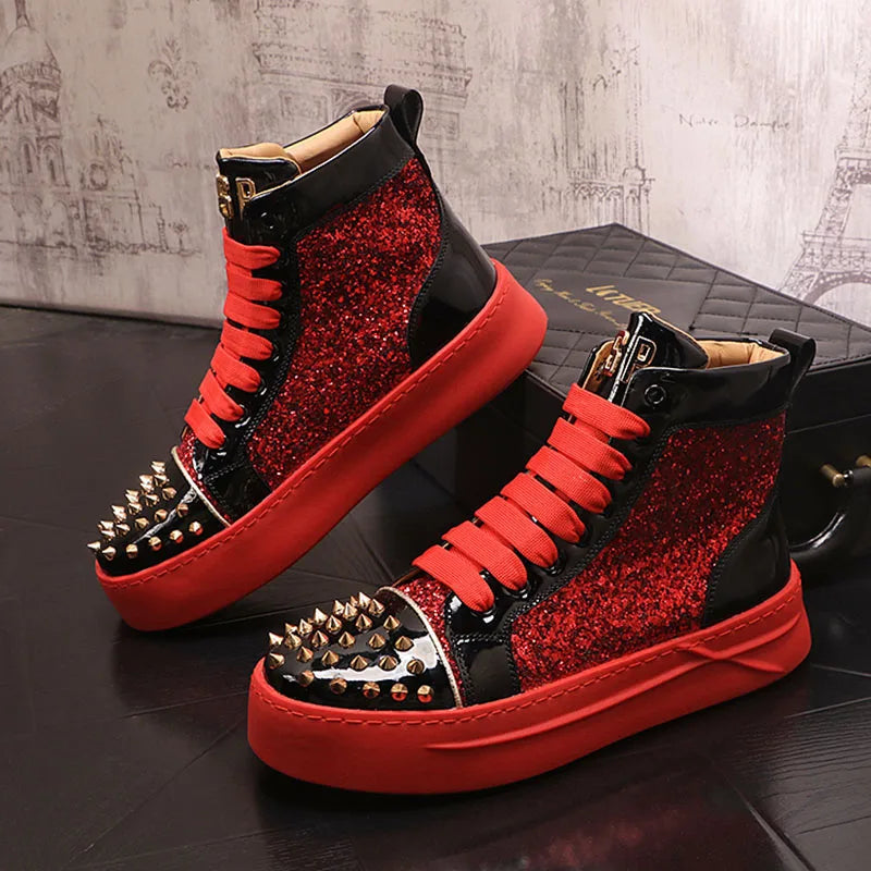 Winter High Tops For Men Rivet Sequin Everyday All Match Patent Leather Casual Shoes Male Flats Loafers Sports Walking Sneakers - Sun Studio
