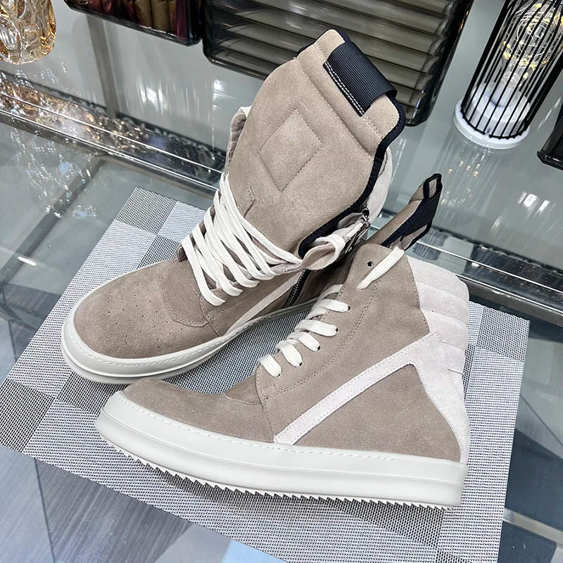 Ro Shoes Men Leather 2025 New Earthy Grey Cow Suede Lace Up Zipper Thick Sole Luxury Geo Women Street Hip-hop Casual Flat Boots - Sun Studio