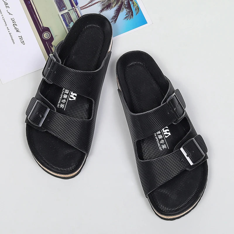 Summer Men Cork Slippers Slides Clogs Casual Slip On Sandals Double Buckle Women Microfiber Leather Unisex Big Size 47 48 49 - Sun Studio