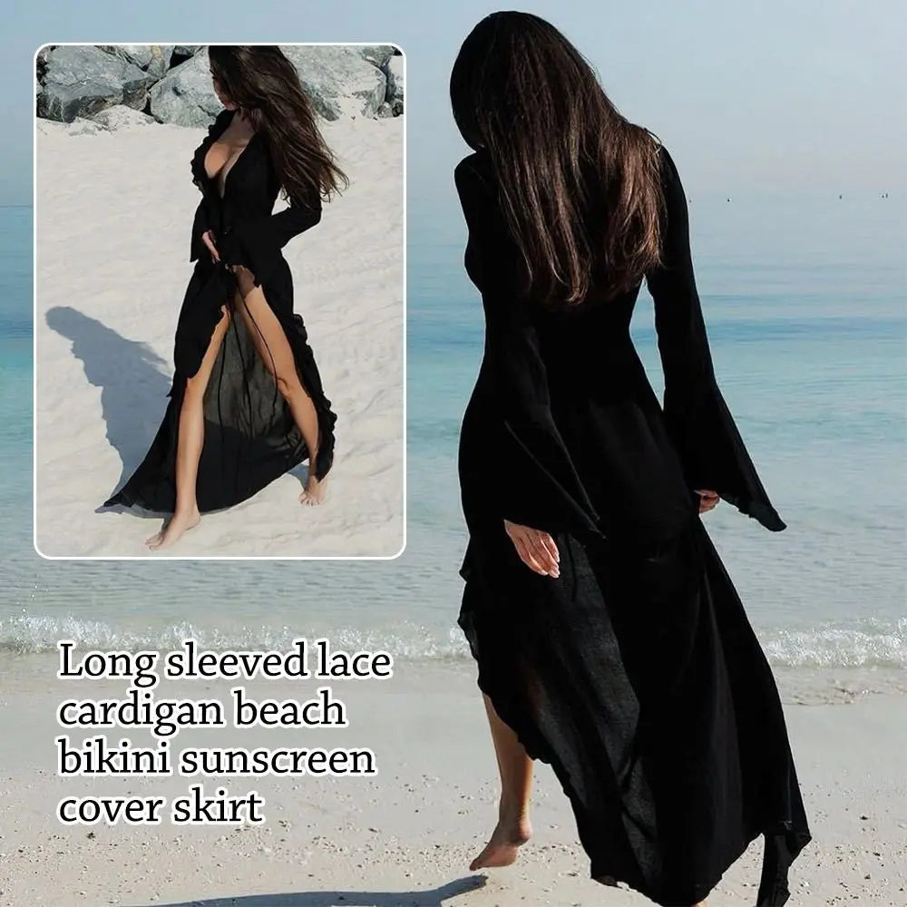 V Neck Summer Beach Cover Up Long Sleeve Ruffled Bikini Sunscreen Smock Vacation Casual Swimsuit Cover Up Dress for Women - Sun Studio