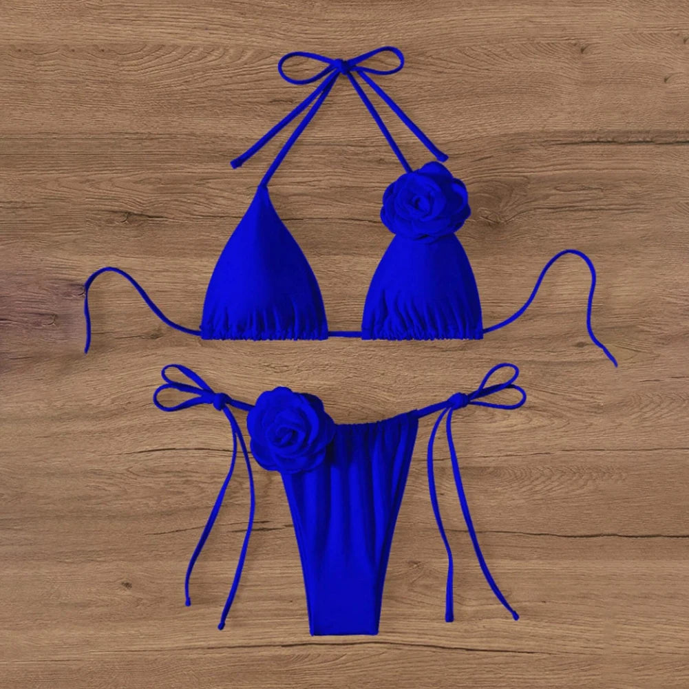 Sexy Bikini Swimsuit Suit 3D Flowers Halter Strappy Bikini Women Swimwear Female Swimsuit 2pcs Bikini Set Bather Bathing Suit - Sun Studio