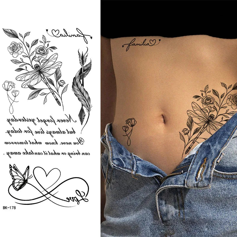 Schwarz Weiß Temporäre Transfer Tattoos Florale Schmetterlinge Schriftzüge Linienkunst Wasserfeste Körperaufkleber für Musikfestival Party