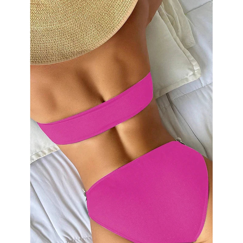 Sexy Solid Floral Strapless Bikini 2 Piece Set Women Split Swimsuit Beach Bikinis 2025 New Summer Swimwear Bikinis Set - Sun Studio