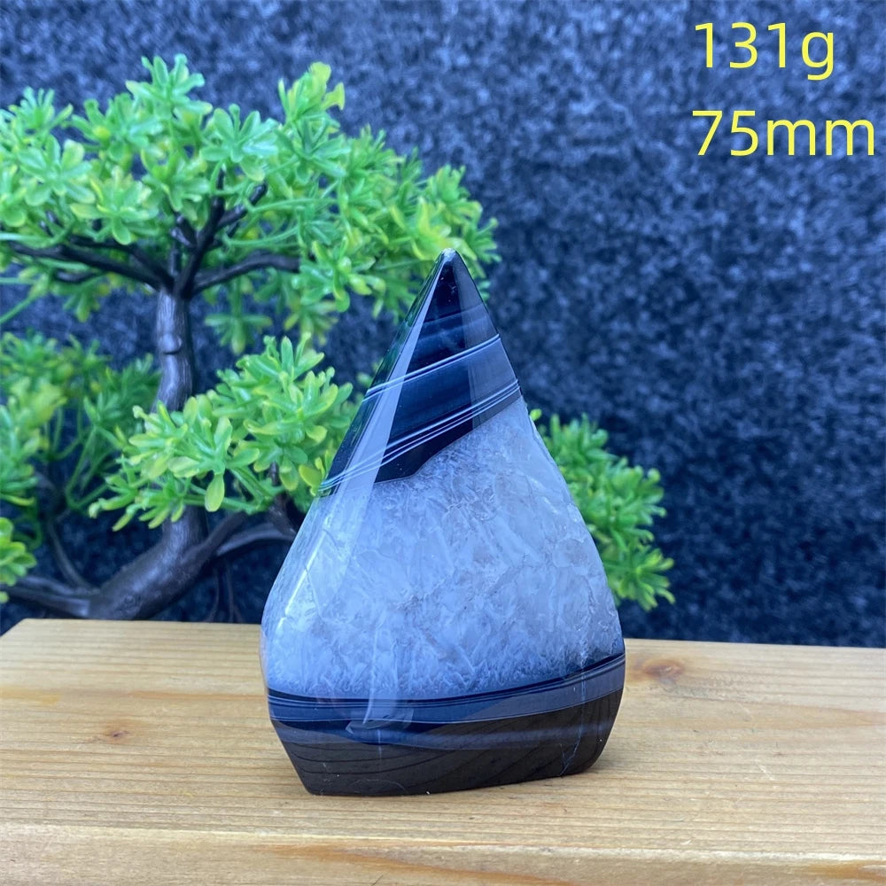 Natural Gemstone Black Onyx Stripes Free Form Torch Reiki Healing Shape Meditation Home Decor Feng Shui Warning Evil - Sun Studio