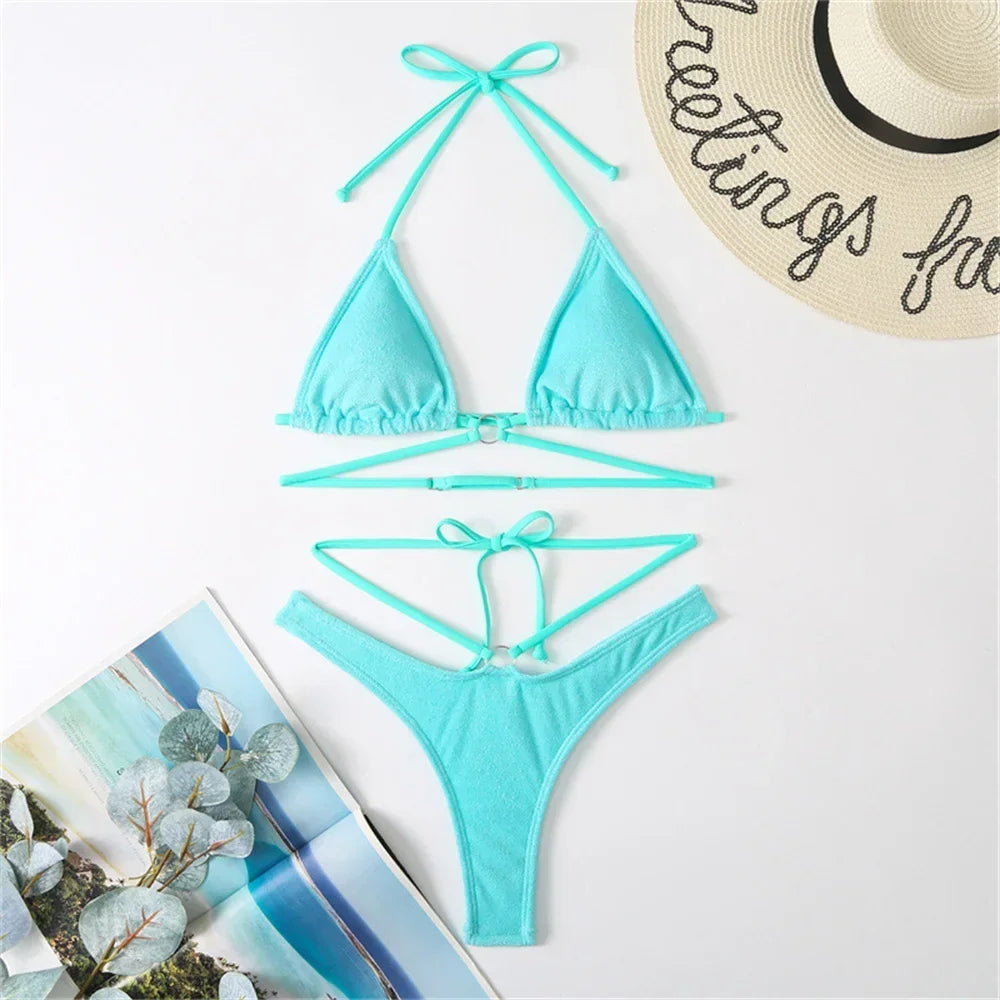 Micro String Extrem Bikini Orange Y2K Triangle Backless Swimsuit Toweling Rings Vacation Swimwear Women Push Up Beach Bath Suits - Sun Studio