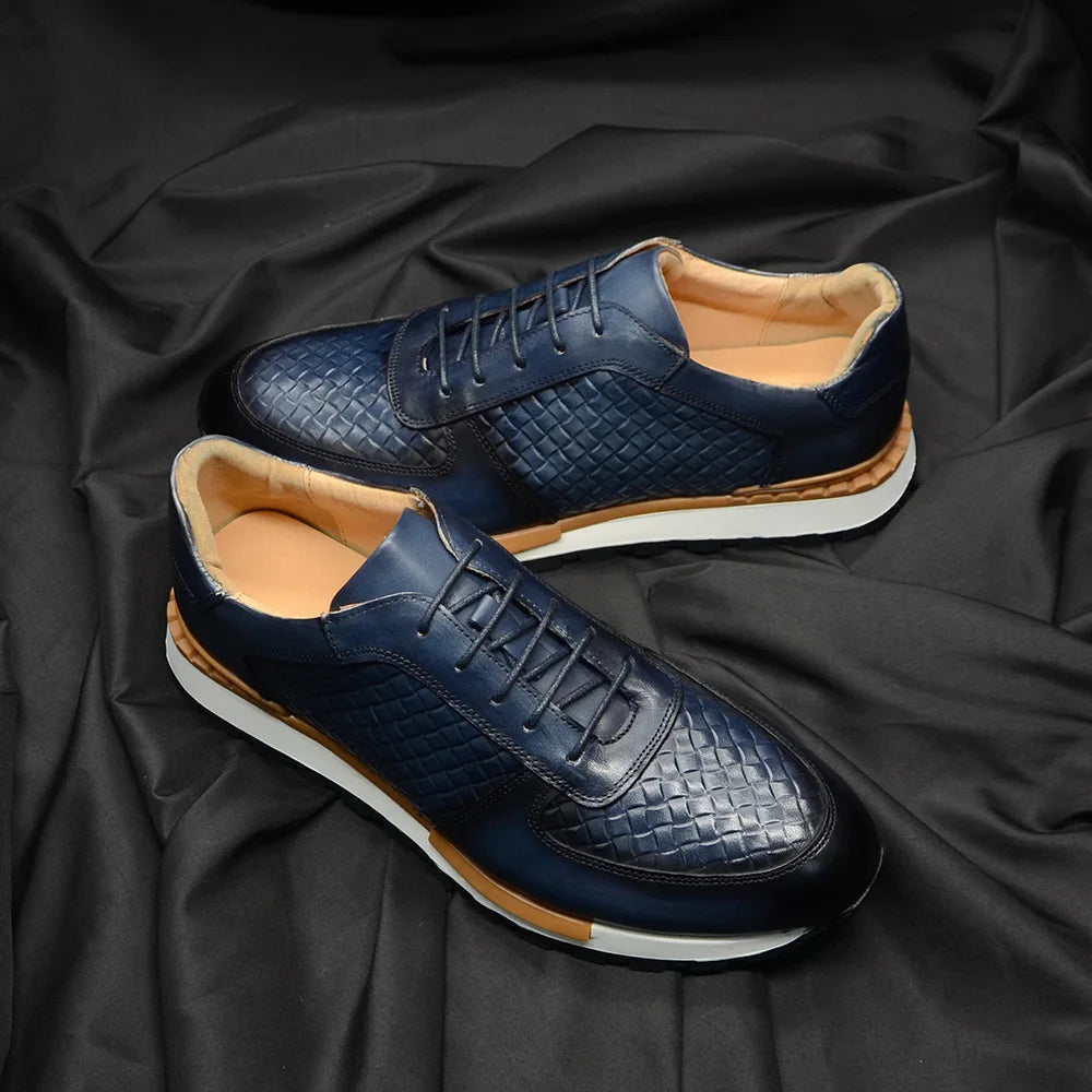 4 Colors Genuine Leather Man Luxury Sneakers Plaid Weave Pattern Lace-up Men Casual White Oxford Shoes Deals Spring Autumn 2024 - Sun Studio