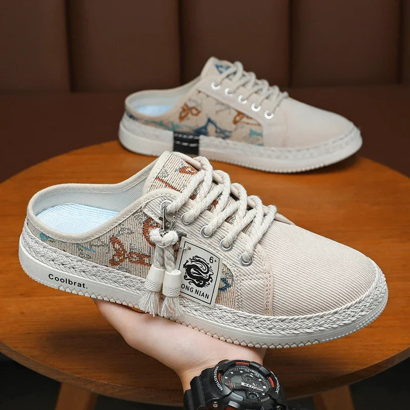 Summer New Canvas Men's Casual Shoes Men Half Slippers Breathable Walking Sneakers Comfortable Non-slip Male Flats Lazy Shoes - Sun Studio