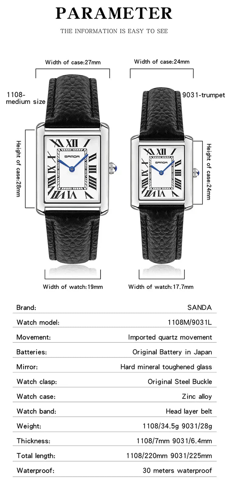 SANDA 9031/1108 Luxury Couple Quartz Watches for Men & Women, Waterproof Sport Casual Watch, Scratch Resistant Leather Strap - Sun Studio