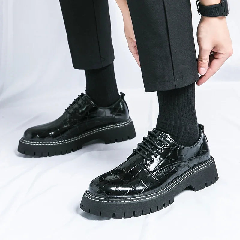 New Black Men Shoes Lace-up  Round Toe Stone Pattern Brown Gray Men Dress Shoes Size 38-46 - Sun Studio