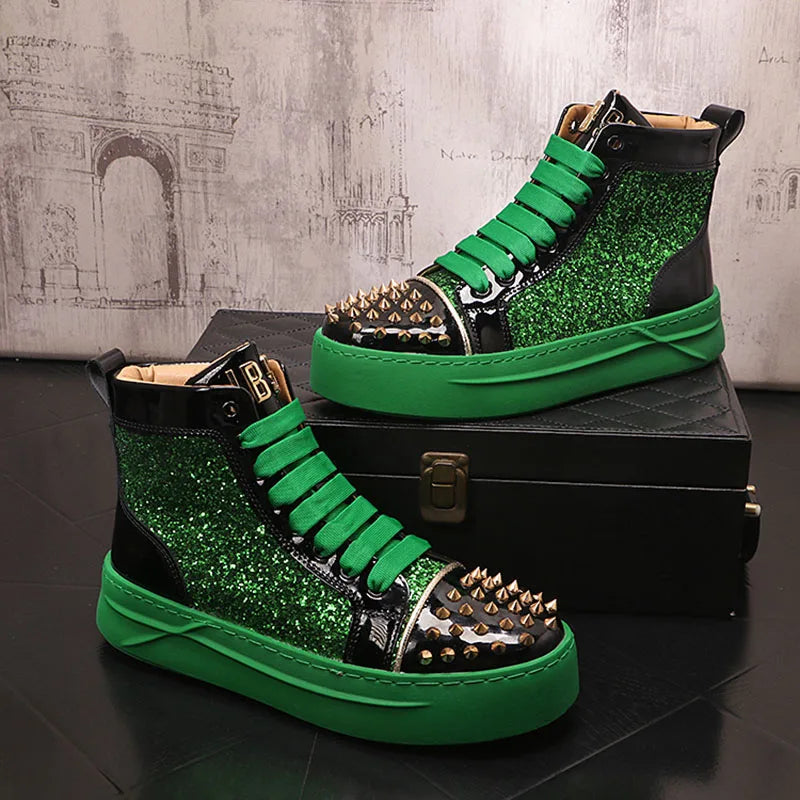 Winter High Tops For Men Rivet Sequin Everyday All Match Patent Leather Casual Shoes Male Flats Loafers Sports Walking Sneakers - Sun Studio