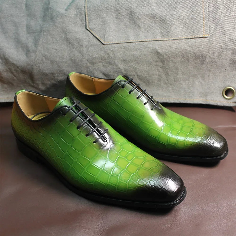 FELIX CHU Men's Genuine Cow Leather Shoes Crocodile Print Business Green Dress Shoes Formal Wedding Footwear for Spring Autumn - Sun Studio