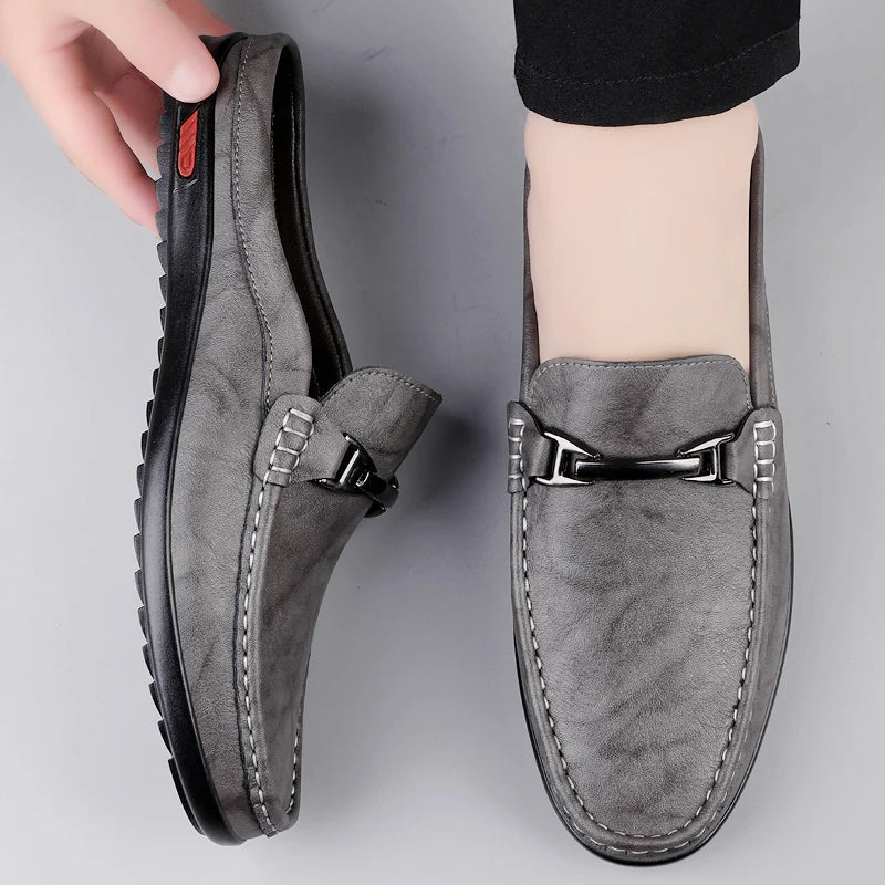Luxury Men Genuine Leather Shoes Casual Business Men Slip-on Shoe All-Match Half Slippers Loafers Summer Handmade Flats Slippers - Sun Studio