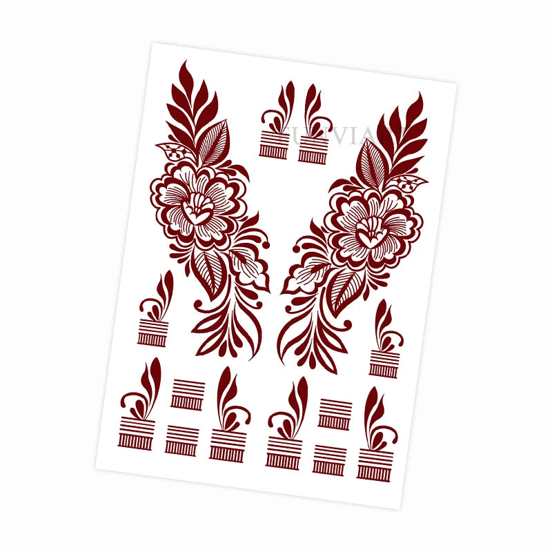 Wasserdichtes Blumen Hand Tattoo für Frauen Maroon Henna Tattoo Aufkleber für Hand Finger Körperkunst Einweg Fake Tattoo Festival