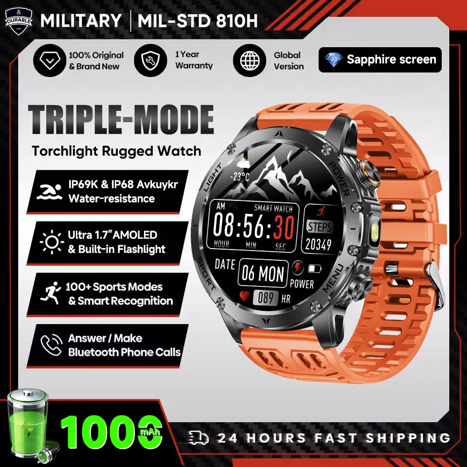 New Men Military Outdoor 1000mAh Battery Smart Watch GPS NFC Watches 3ATM Waterproof Swim 1.7-inch HD Bluetooth Call Smartwatch - Sun Studio