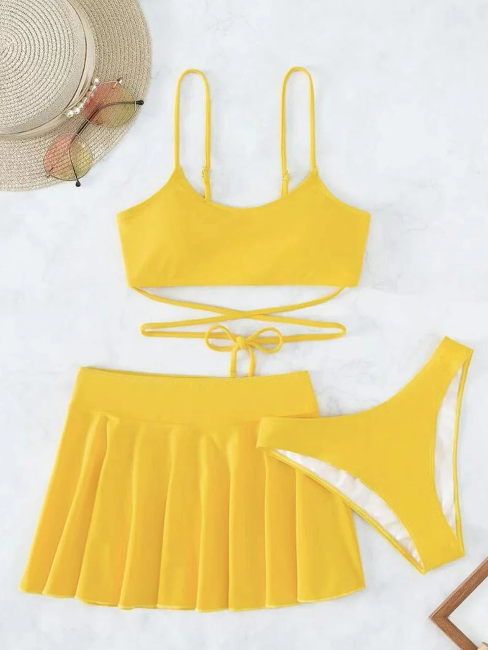 3 Pieces Crisscross Tie Back Bikini & Short Skirt Swimsuit 2026 Women Solid Swimwear Beach Wear Female Bathing Suit Swim Summer - Sun Studio