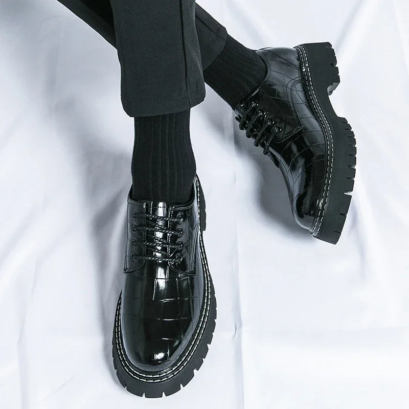 New Black Men Shoes Lace-up  Round Toe Stone Pattern Brown Gray Men Dress Shoes Size 38-46 - Sun Studio