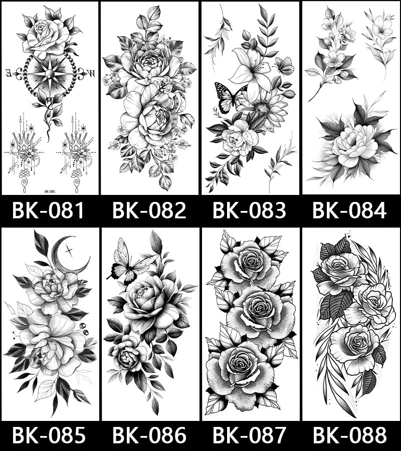 Black White Temporary Transfer Tattoos Floral Butterfly Lettering Line Art Waterproof Body Stickers for Music Festival Party - Sun Studio