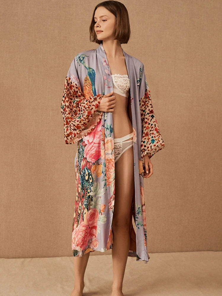 Beach Kimono for Women Peocock Printed Swimsuit Cover Up Self Belted Wrap Dresses Seaside Bathing Suits Beachwear - Sun Studio