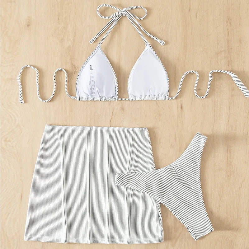 3 Pieces Ribbed Bikinis 2026 Halter Triangle Swimsuit & Skirt Swimwear Women Bathers Bathing Swimming Swim Suit Female Beachwear - Sun Studio