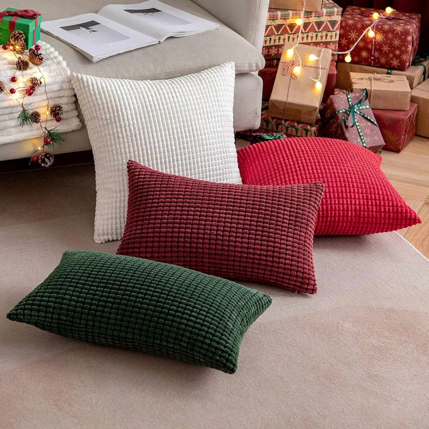 Christmas Red Throw Pillow Covers Decorative Christmas Pillow Covers Soft Corduroy Lumbar Pillow Covers, Cushion Case Home Decor - Sun Studio