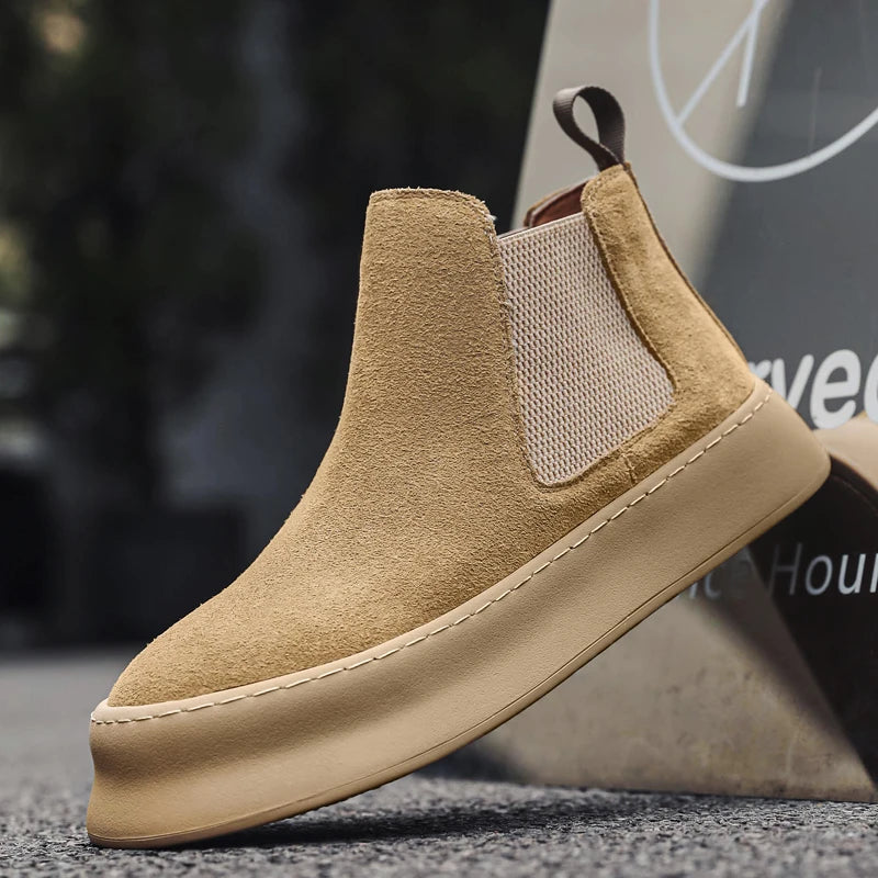 Fashion Brand Men Genuine Leather Mid Top Boots with British Style Autumn Winter Men Anti Slip and Wear-resistant Chelsea Boots - Sun Studio