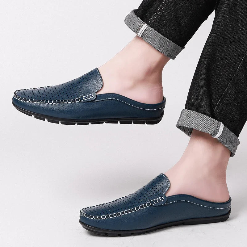 Half Shoes for Men Summer Mens Mules Perforated Leather Slippers Casual Slip-ons Loafers Flats Black Brown - Sun Studio