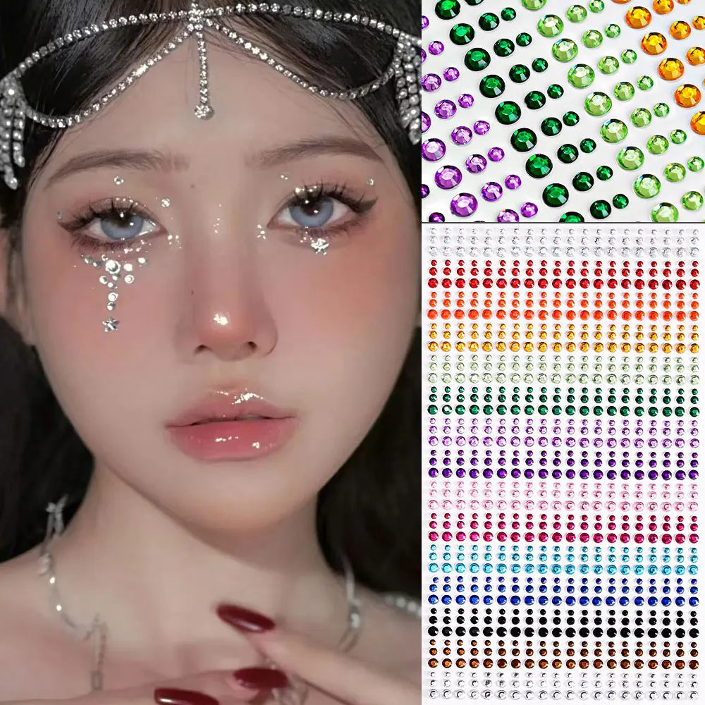 162/216/900pcs Eye&Face&Body Diamond Tattoos Stickers 3/4/5/6mm Colored Glitter Rhinestone Tattoo for Party Makeup Gem Accessory - Sun Studio