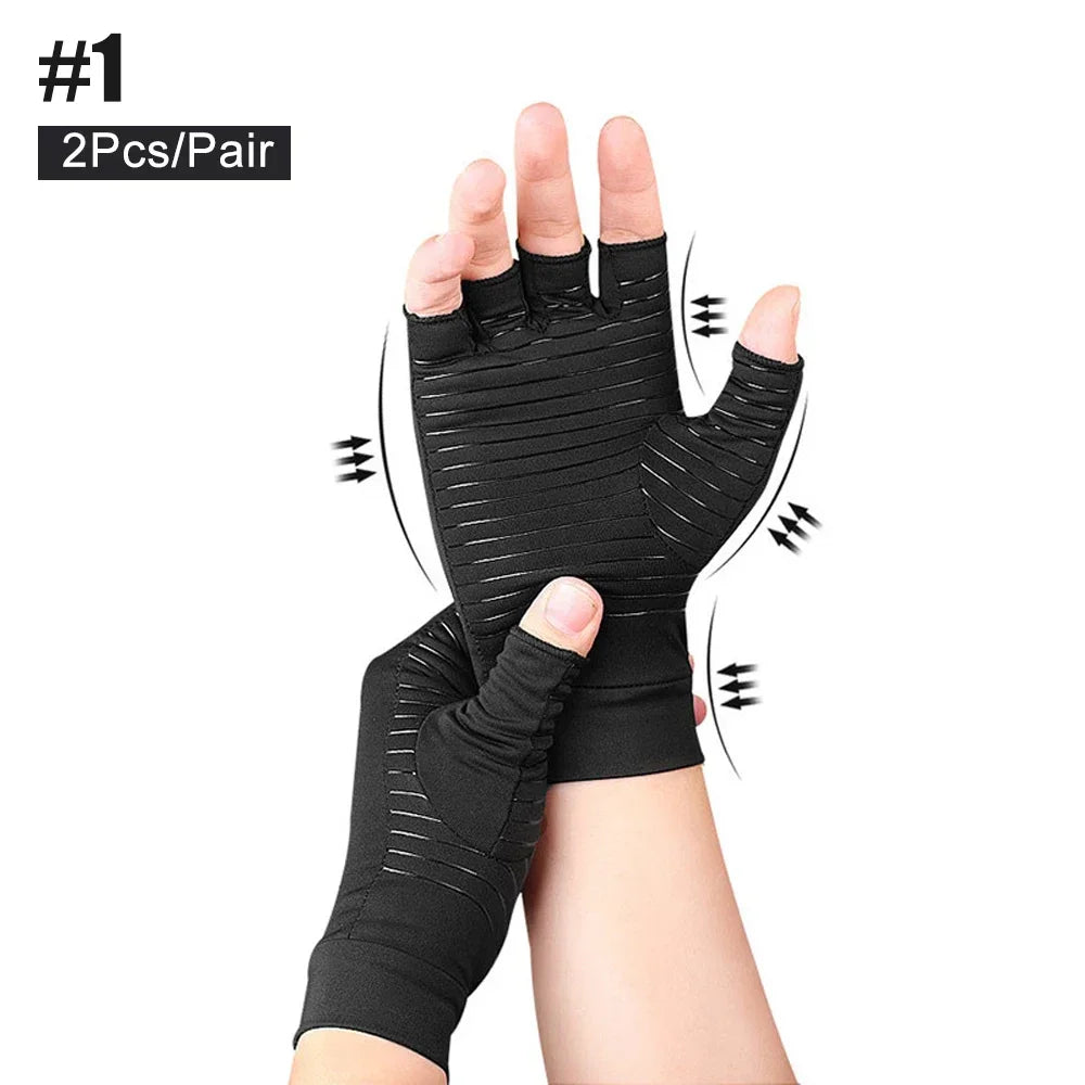 1 Pair Compression Gloves Hand Copper Arthritis Gloves Joint Pain Relief Half Finger Anti-slip Therapy Gloves For Womens Mens - Sun Studio