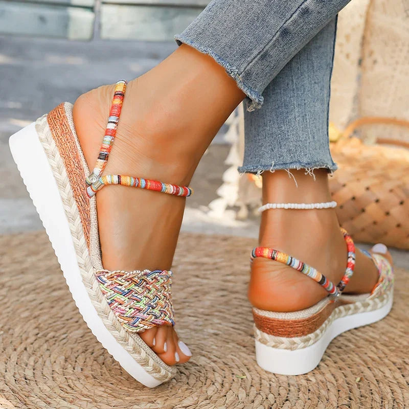 Summer Beach Vocation Bohemian Sandals Woman Wedge Heels Colorful Woven Platform Slippers Women Plus Size 43 Sandalias De Mujer - Sun Studio