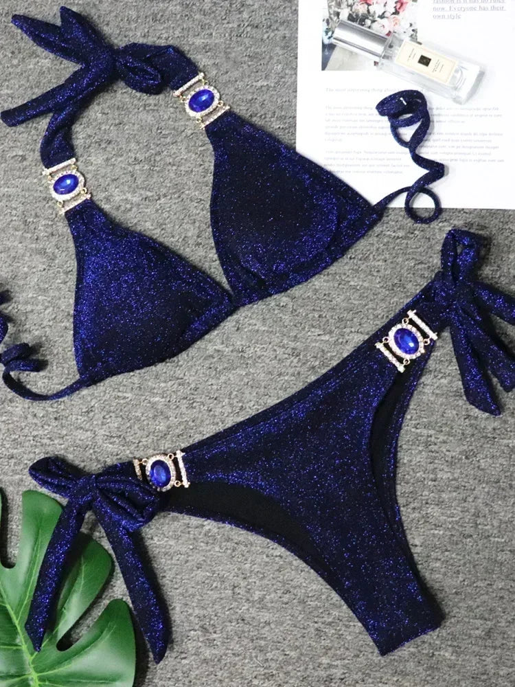 Halter Rhinestone Diamant Bikini Frauen Badeanzug Weibliche Bikinis Metallkette Badebekleidung Zweiteiliges Bikini Set Badeanzug Schwimmen Damen