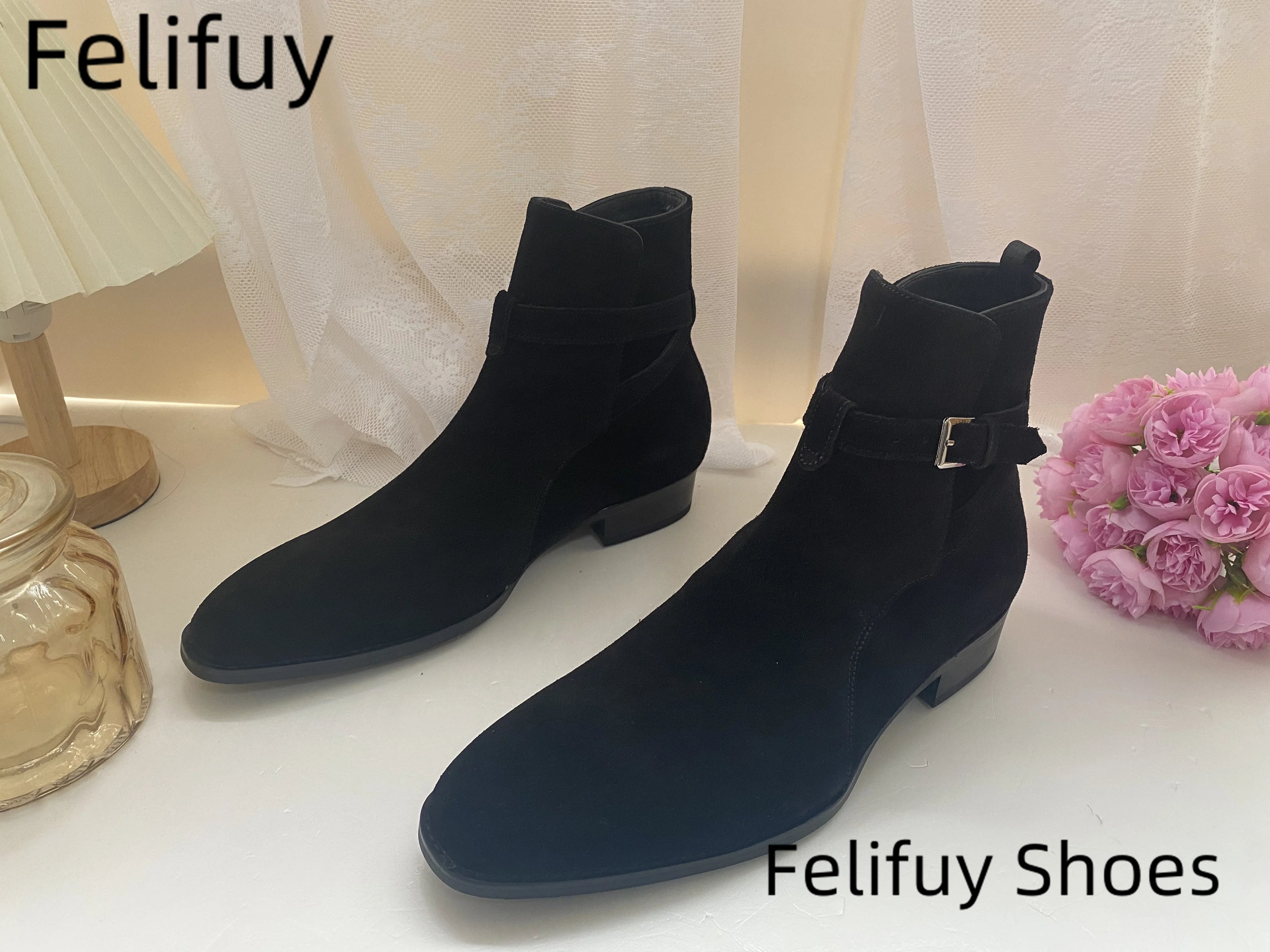 Black Pointed Toe Buckle Strap Ankle Boots Grey Men Hombre Genuine Leather Men Motorcycle Boots For Men Work High Top Men Shoes - Sun Studio