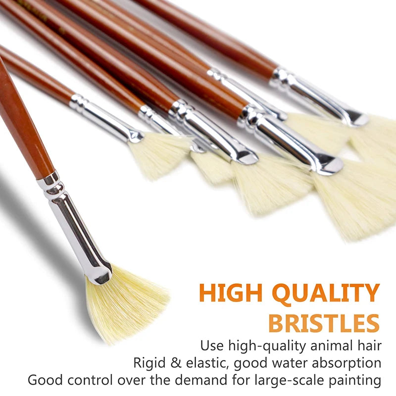 7/14pcs Fan Artist Bristle Paint Brush Set Natural Hog Bristle Hair Anti-Shedding Brush Tips Long Wooden Handle For Acrylic - Sun Studio