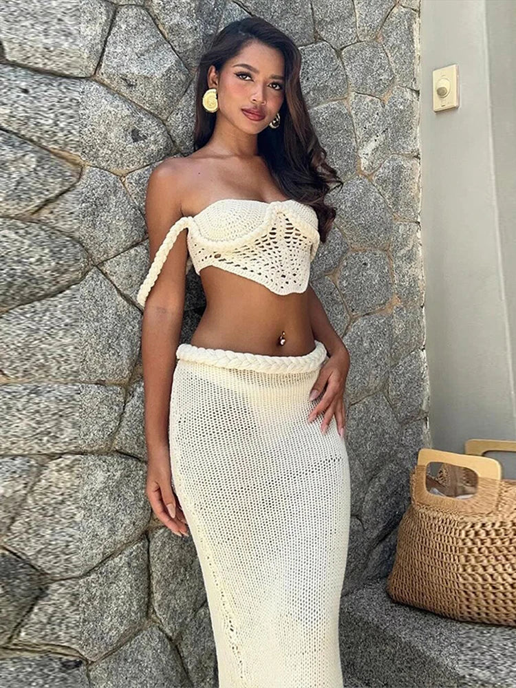 Halter Knitted Vest Bikini Top Split Fishtail Skirt Set Crochet Hollow Out Beach Swimsuit Sexy Backless Suspender Long Skirts - Sun Studio