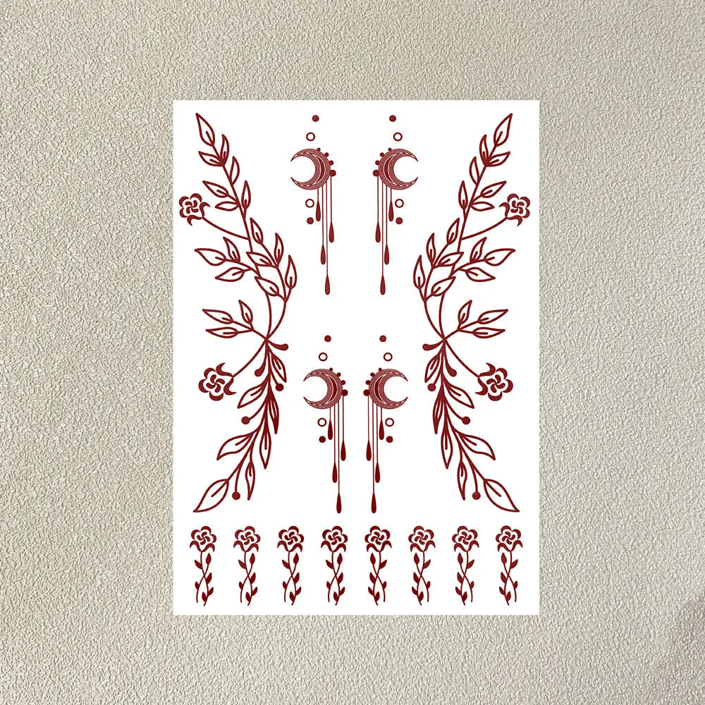 Wasserdichtes Blumen Hand Tattoo für Frauen Maroon Henna Tattoo Aufkleber für Hand Finger Körperkunst Einweg Fake Tattoo Festival