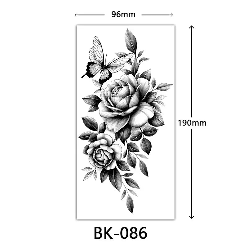 Rosenblüten-Tattoo Temporäres wasserdichtes Schmetterlings-Fake-Tattoo für Frauen Schwarzes Blumen-Skizzen-Tattoo-Aufkleber