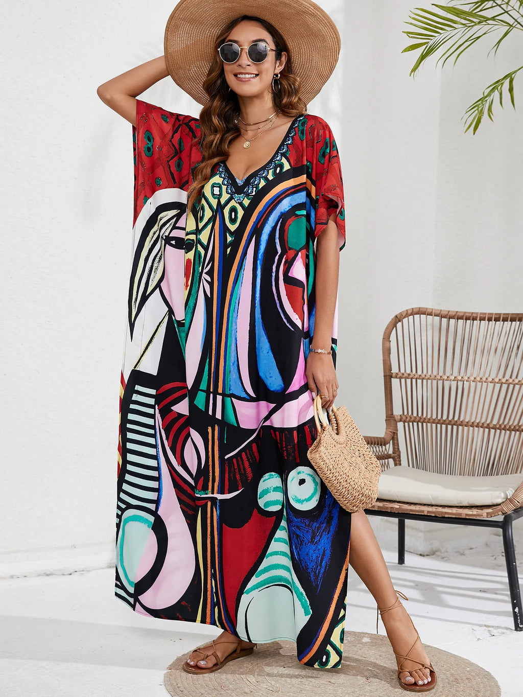 Kaftan Dresses for Women Plus Size Tie Dye Batwing Sleeve Caftans Swimsuit Coverup Maxi Dress Loungewear - Sun Studio