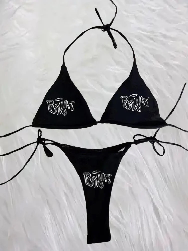 2000s Woman Punk New Beach Swimwear gothic clothes BRAT Rhinestone printing Grunge Swimsuit Bikini Y2K Bathing Suits Lace Up ﻿ - Sun Studio