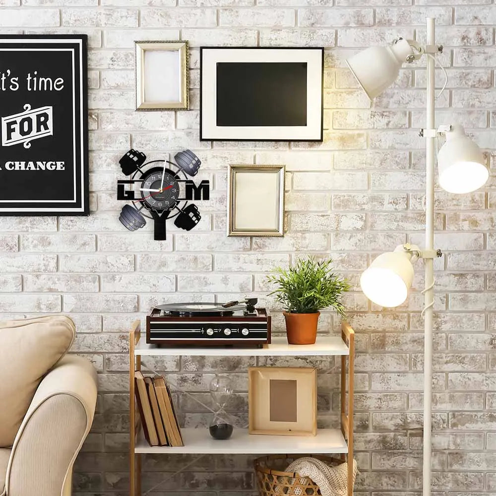 Fitness Equipment Theme Vinyl Record Fitness Wall Clock Home Decoration LED Backlight Modern Fitness Watch - Sun Studio