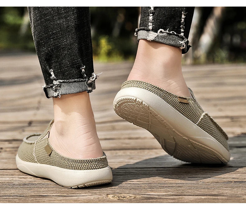 Casual Slip on Mens Shoes Outdoor Walking Comfortable Canvas Slippers Korean Trend Baotou Half Drag Slides Zapatillas Hombre - Sun Studio