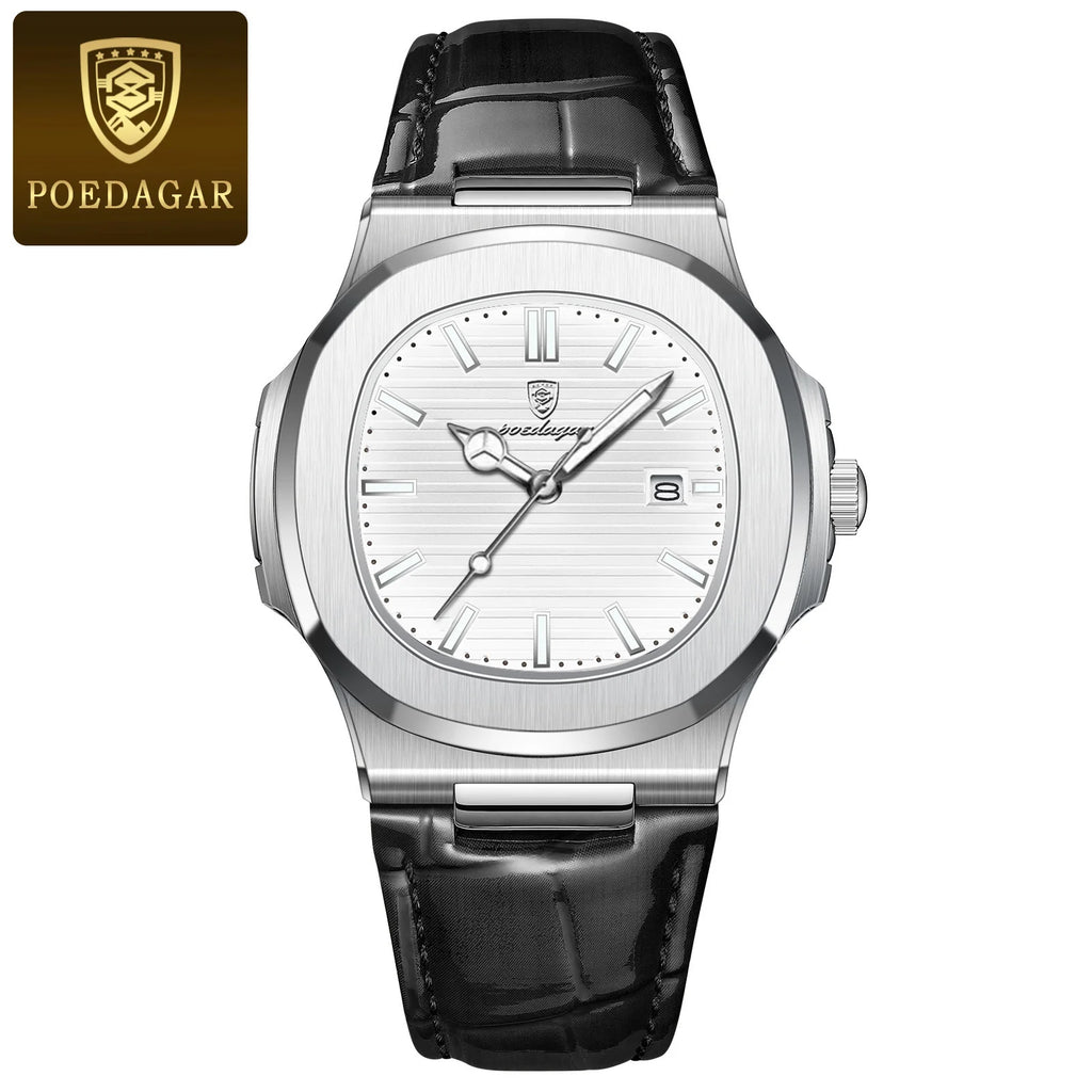 POEDAGAR Original Fashion Men's Wristwatch Date Waterproof Luminous Leather Watches For Men High Quality Square Quartz Man Watch - Sun Studio