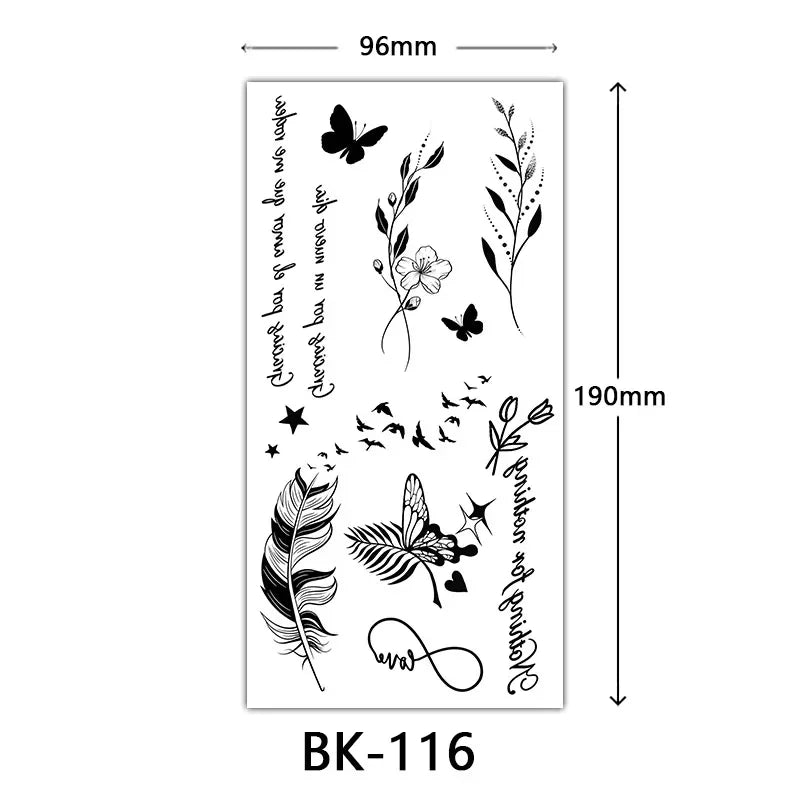 Rosenblüten-Tattoo Temporäres wasserdichtes Schmetterlings-Fake-Tattoo für Frauen Schwarzes Blumen-Skizzen-Tattoo-Aufkleber