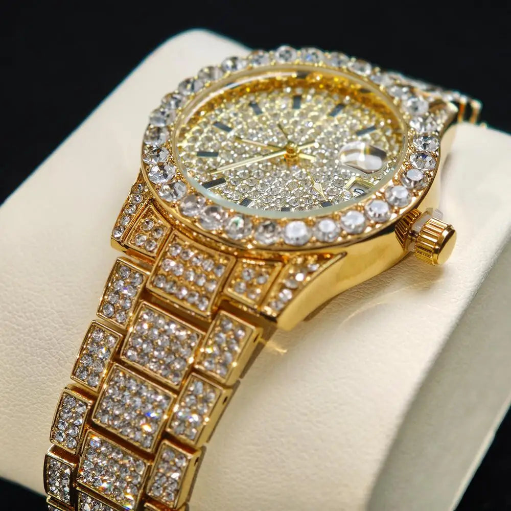 2025 Hot Fashion Gold Watches Women Luxury Stainless Steel Elegant Iced Diamond Jewelry Quartz Wristwatch Ladies Dropshipping - Sun Studio