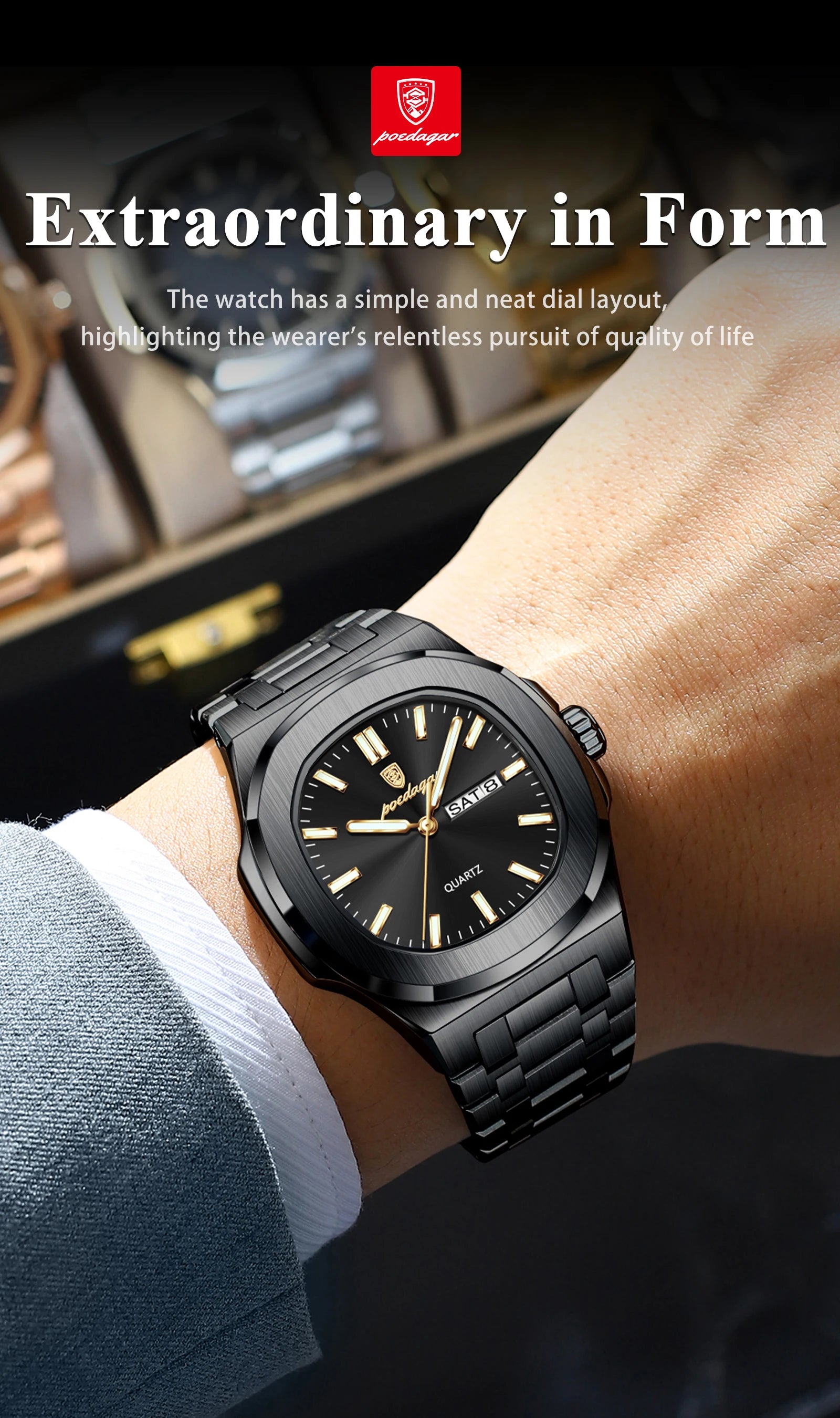 POEDAGAR Luxury Square Men's Watches Waterproof Luminous Date Week Men Watch Stainless Steel Fashion Quartz Man Wristwatch Reloj - Sun Studio