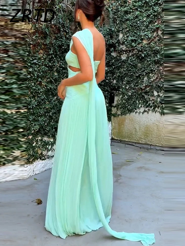 Elegant Hollow Out Ribbon Long Party Dress Women Pleated Spliced Sleeveless Backless Dresses 2025 Summer Lady Beach Holiday Robe - Sun Studio