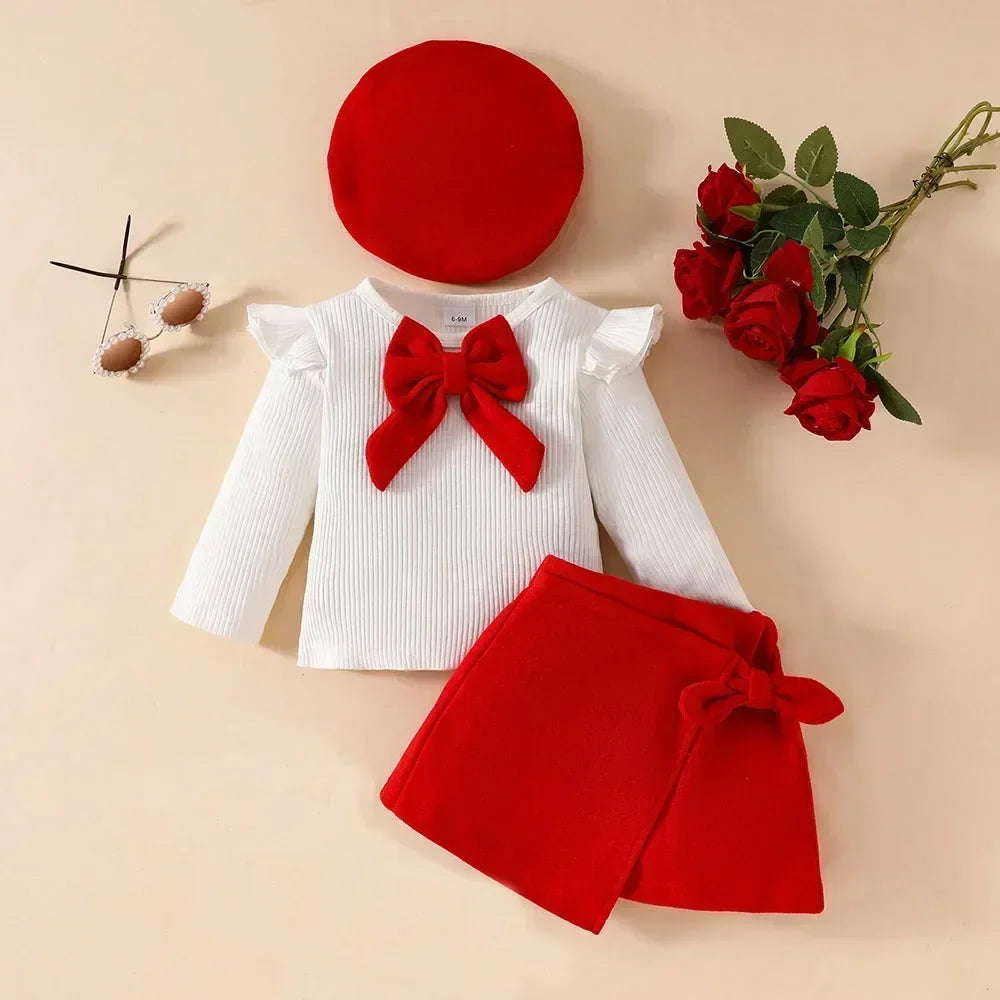 Baby Girls Clothes New Year Set 0-3Y Long Sleeve Big Bow Top Irregular Skirt and Beret 3Pcs Toddler Christmas Clothes - Sun Studio