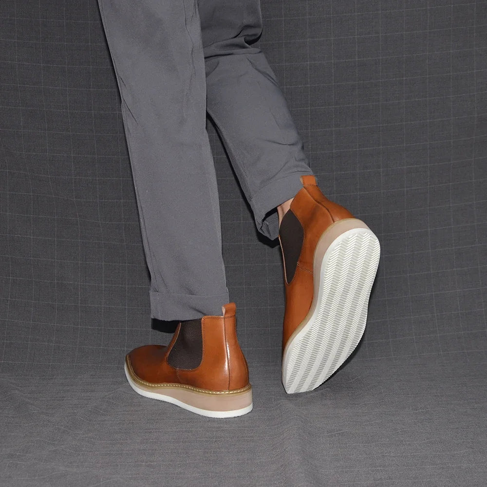 Britischer Stil Kuh Echtes Leder Herren Chelsea Stiefeletten Slip-On Elastisches Band Hohe Sneakers Freizeit Dress Boots für Männer